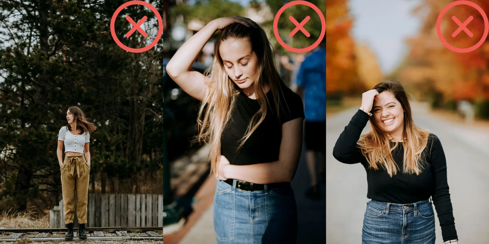 Three bad yearbook picks: a full-body shot, one looking away with hands visible, and one with hands showing