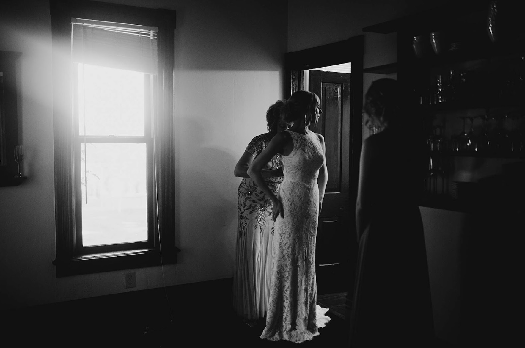 Inside Aurora Cellars Farmhouse with bride Northern Michigan wedding venue