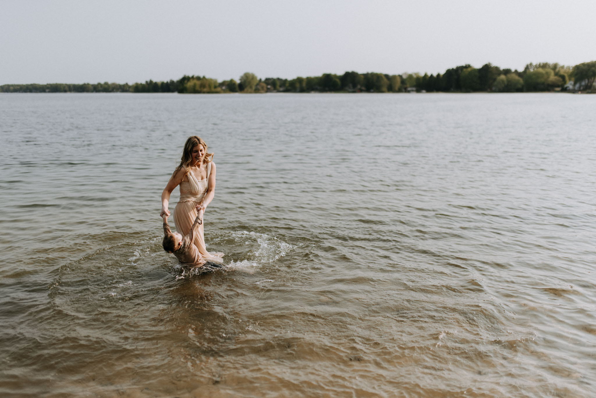 Swan family on a Traverse City beach at dusk, Lake Michigan