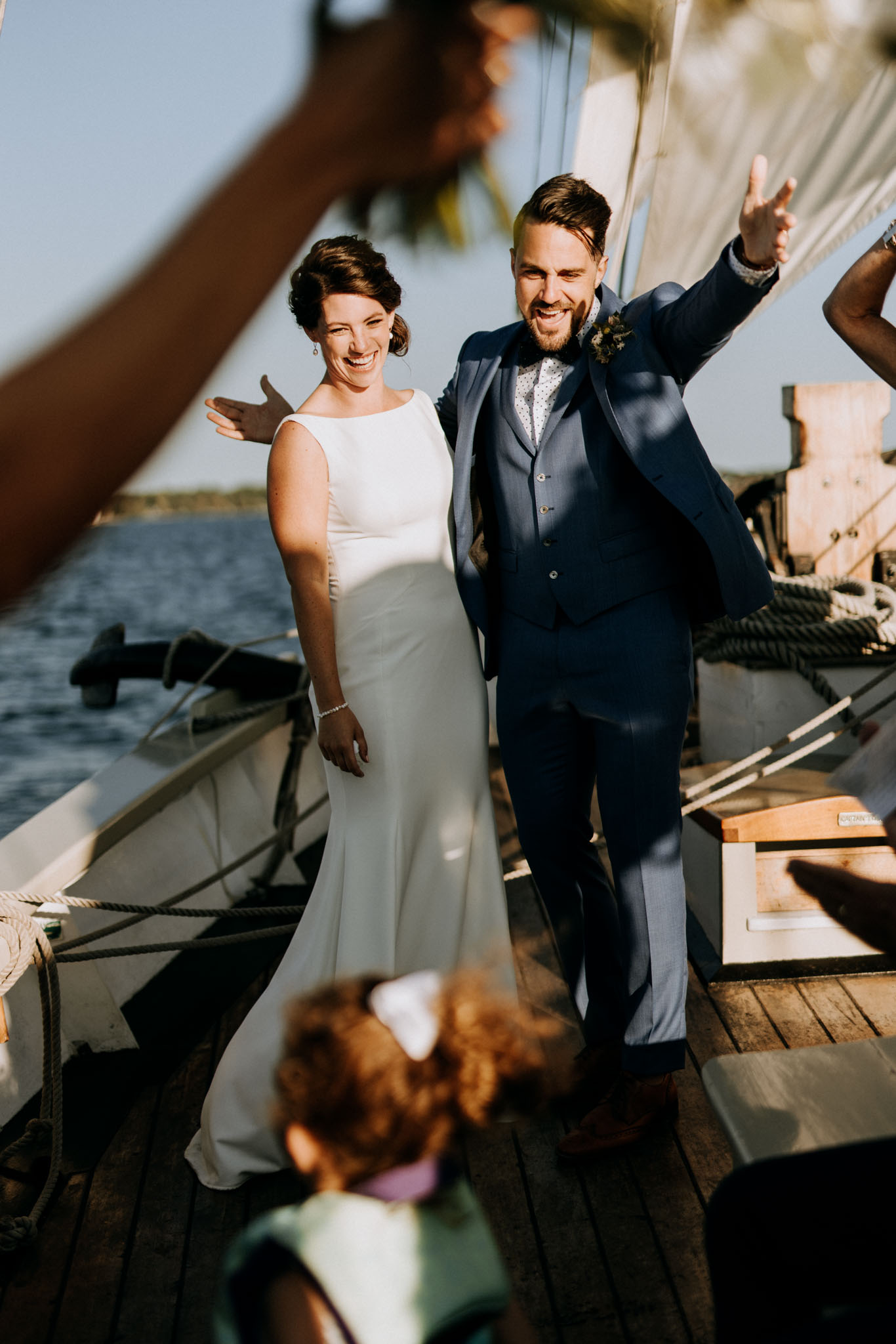 Wedding couple aboard the Tall Ship Manitou in Traverse City, Northern Michigan