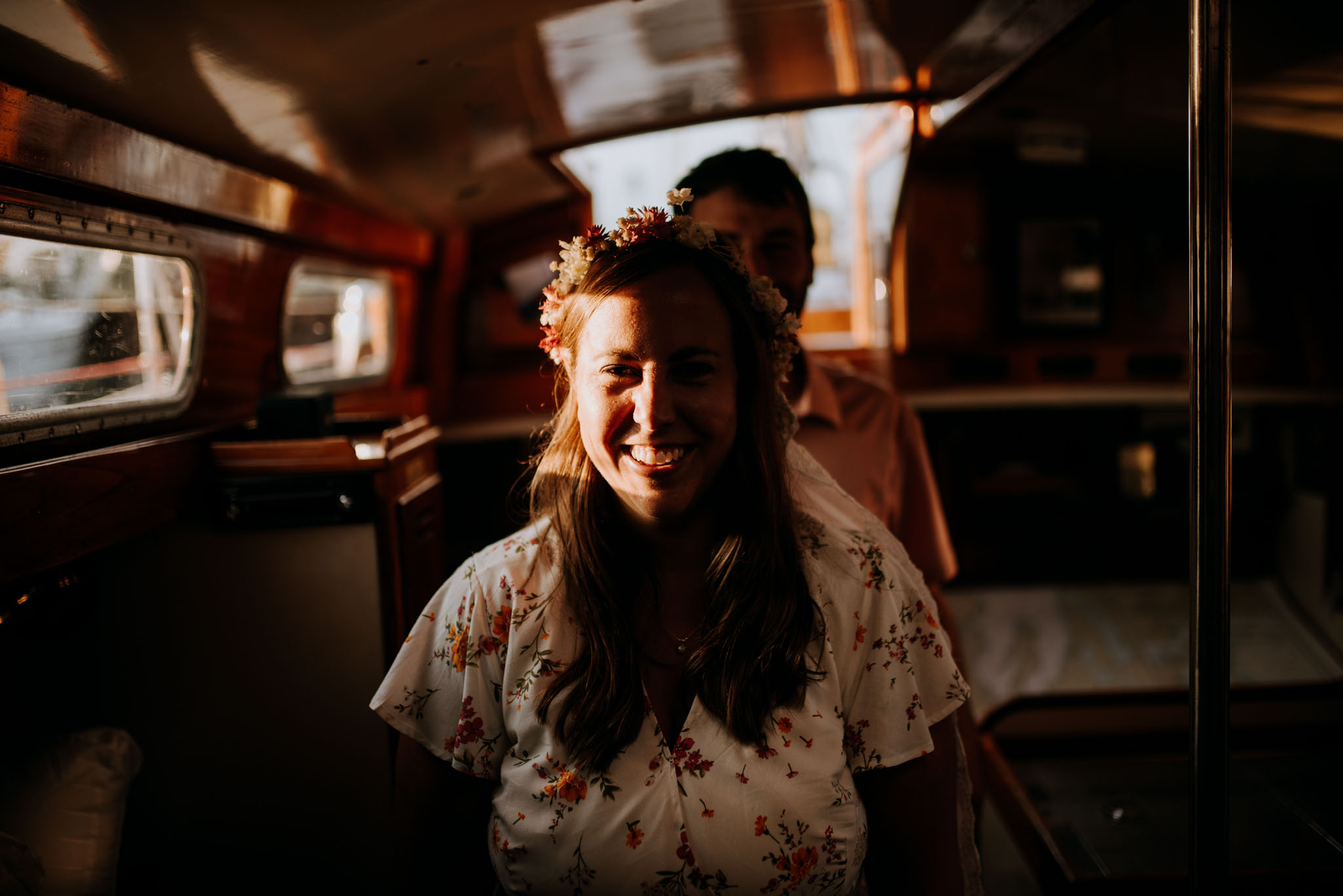Portrait of newlyweds aboard the Althea on Grand Traverse Bay